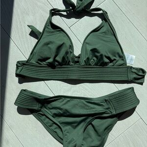 Kona Sol Olive Green Ribbed Halter Bikini Set